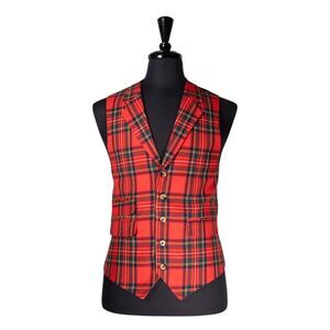 Mens 42R Wool Vest Red Green Yellow Tartan Plaid Waistcoat Formal Wedding Party